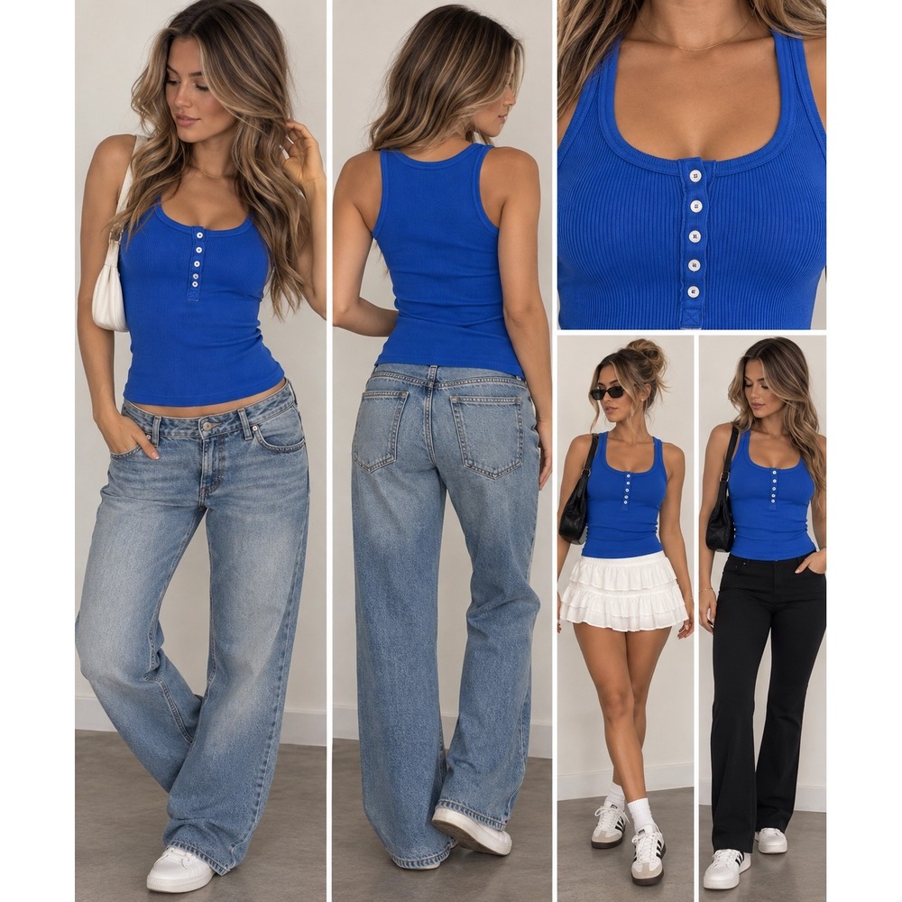 Aerie Ribbed Henley Tank Top Cobalt Blue Sleeveless Button Front Small